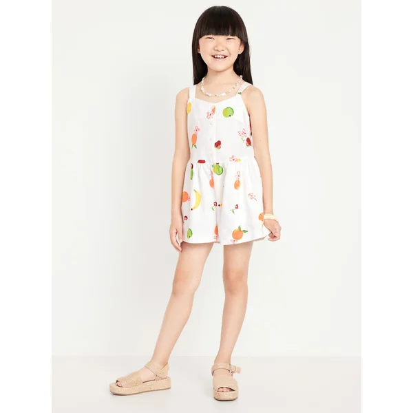 Printed Sleeveless Button-Front Linen-Blend Romper for Girls - White/Fruit