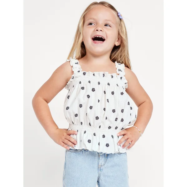 Printed Sleeveless Crinkle Jacquard Peplum Tank Top for Toddler Girls - White Flower