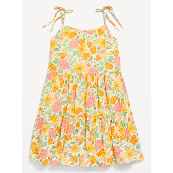 Printed Sleeveless Double-Weave Tiered Dress for Girls - Yellow Floral