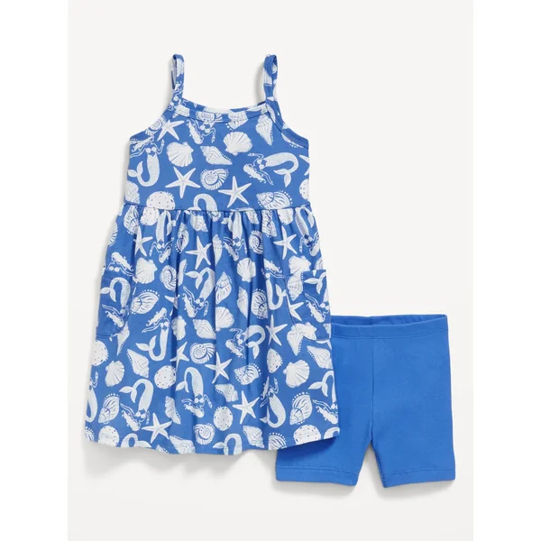 Printed Sleeveless Dress and Biker Shorts Set for Toddler Girls - Mermaid