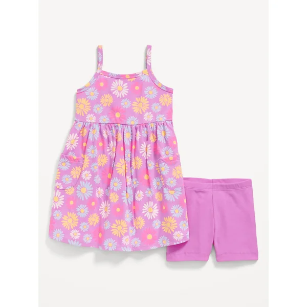 Printed Sleeveless Dress and Biker Shorts Set for Toddler Girls - Rose Floral