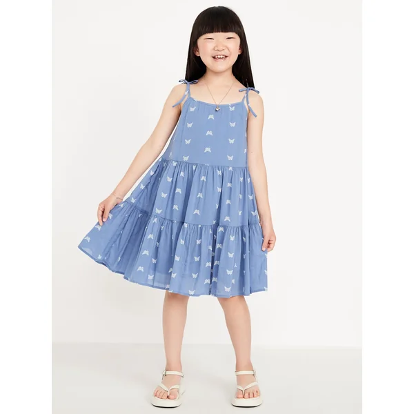 Printed Sleeveless Gauze Tiered Dress for Girls - Blue Butterfly