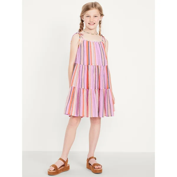 Printed Sleeveless Gauze Tiered Dress for Girls - Pink Multi-Stripe