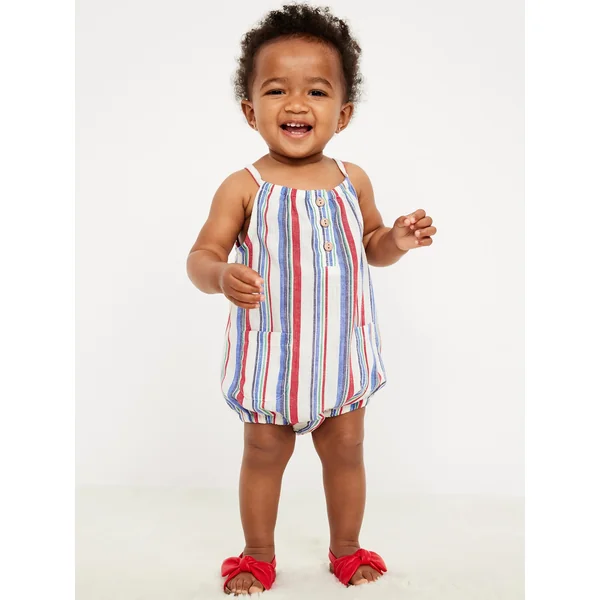 Printed Sleeveless Henley One-Piece Romper for Baby - Blue/White/Red Stripe