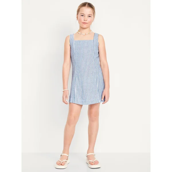 Printed Sleeveless Linen-Blend Shift Dress for Girls - Blue Stripe