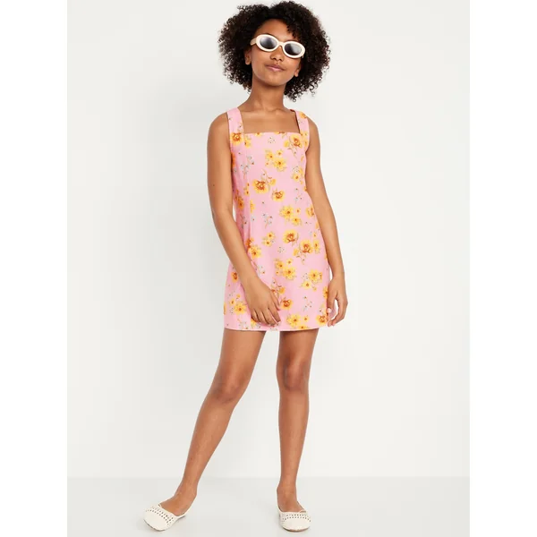 Printed Sleeveless Linen-Blend Shift Dress for Girls - Pink Floral