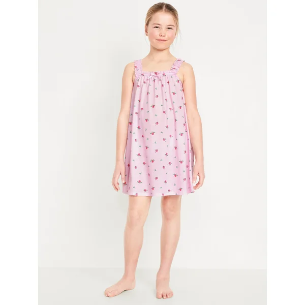 Printed Sleeveless Ruffle-Trim Nightgown for Girls - Pink Floral