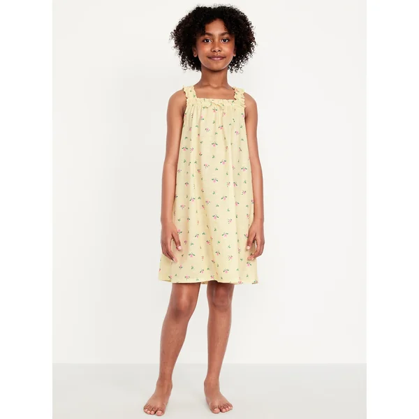 Printed Sleeveless Ruffle-Trim Nightgown for Girls - Yellow Floral