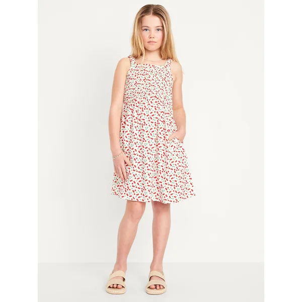 Printed Sleeveless Smocked Dress for Girls - Cherries