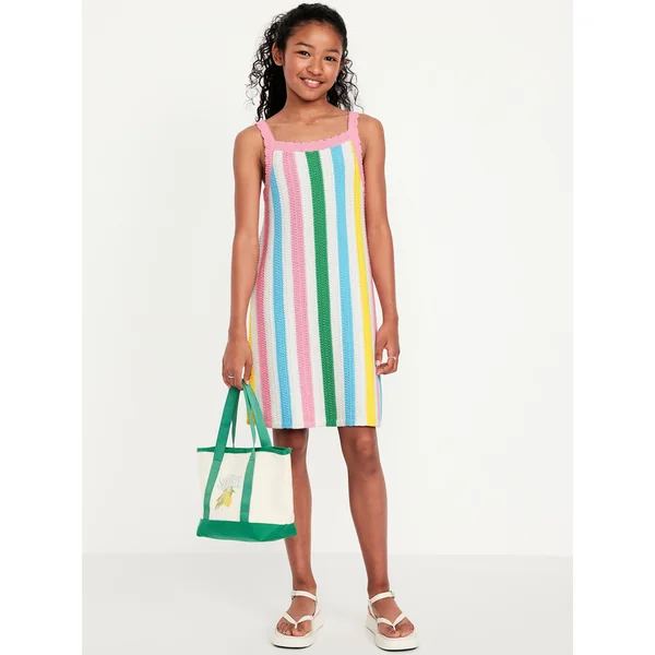 Printed Sleeveless Sweater-Knit Dress for Girls - Multi Stripe