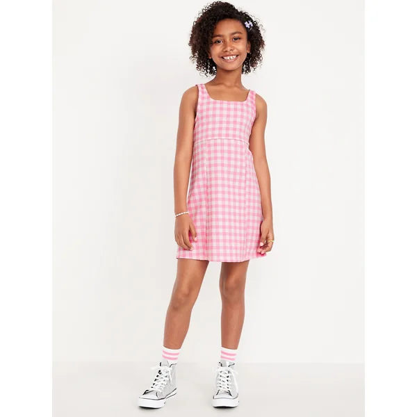 Printed Sleeveless Swing Dress for Girls - Pink Gingham
