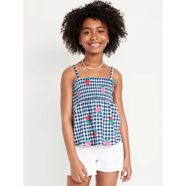 Printed Smocked Jacquard-Knit Cami Top for Girls - STRAWBERRY PLAID
