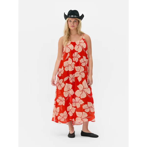 Printed Strappy Midi Dress - Coral