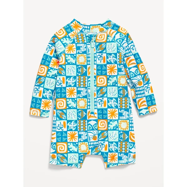 Printed Swim Rashguard Bodysuit for Baby - Blue Orange Check