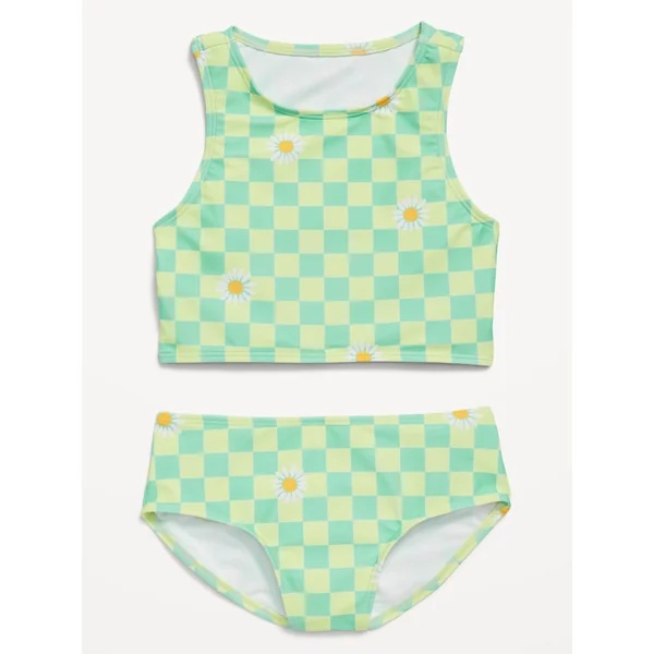 Printed Tankini Swim Set for Girls - Blue Green Check