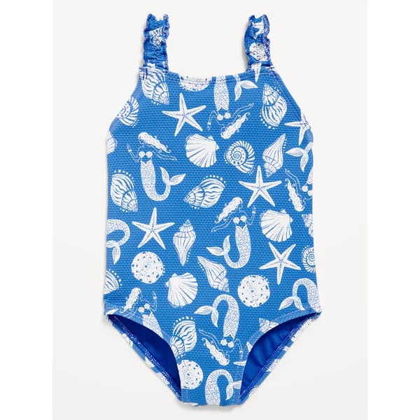 Printed Textured Ruffle-Strap One-Piece Swimsuit for Toddler Girls - Mermaid