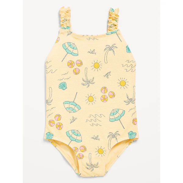 Printed Textured Ruffle-Strap One-Piece Swimsuit for Toddler Girls - Yellow Beach