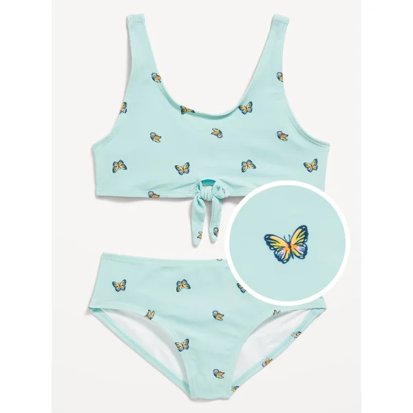 Printed Tie-Knot Bikini Swim Set for Girls - Blue Butterfly