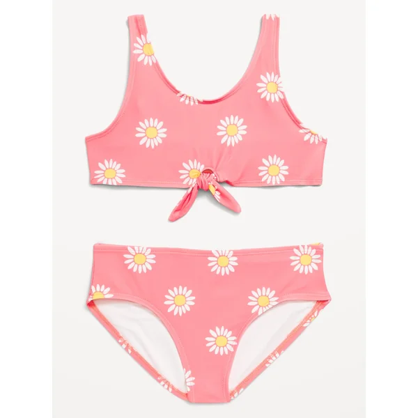 Printed Tie-Knot Bikini Swim Set for Girls - Pink Daisy