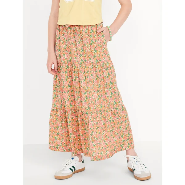 Printed Tiered Swing Midi Skirt for Girls - Multi Floral