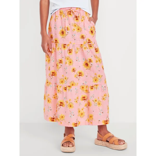 Printed Tiered Swing Midi Skirt for Girls - Pink Floral