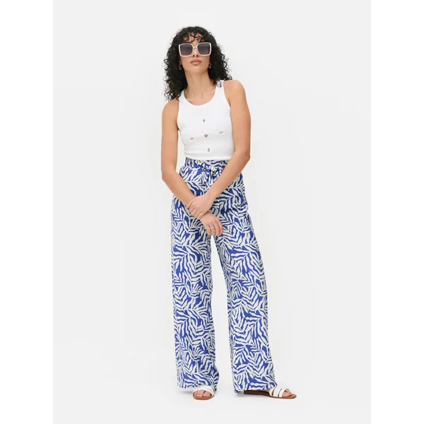 Printed Wide Leg Palazzo Pants - Blue