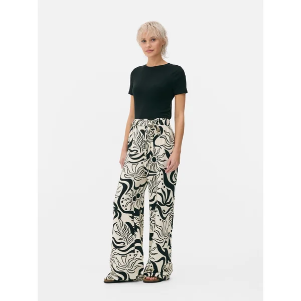 Printed Wide Leg Palazzo Pants - White/Black