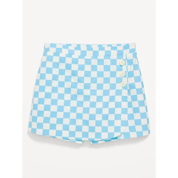 Printed Wrap-Front Linen-Blend Skort for Girls - Vista Blue Check