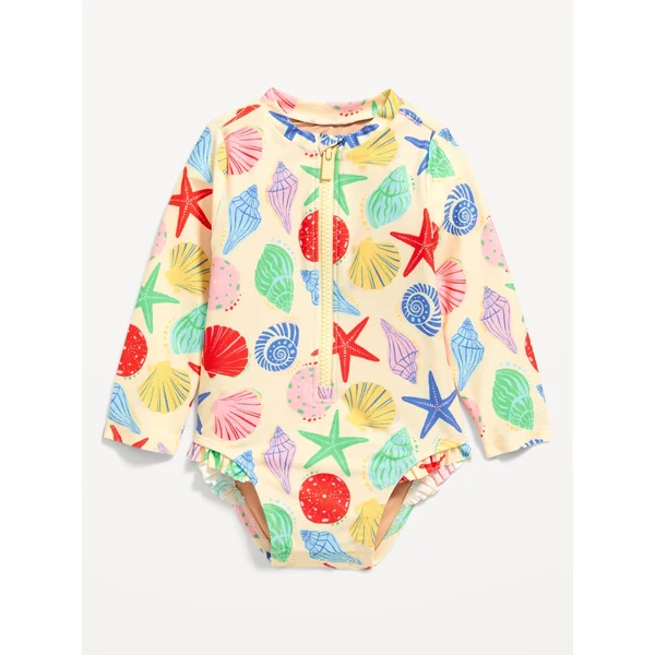 Printed Zip-Front Rashguard One-Piece Swimsuit for Baby - Seashell