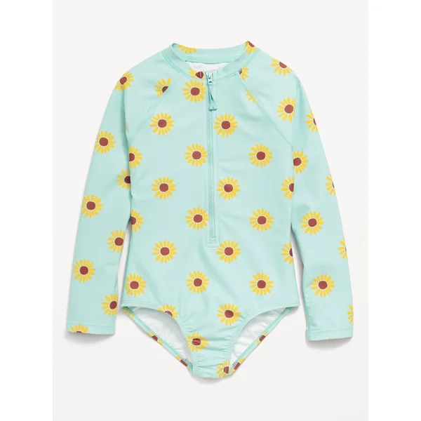 Printed Zip-Front Rashguard One-Piece Swimsuit for Girls - Blue Daisy