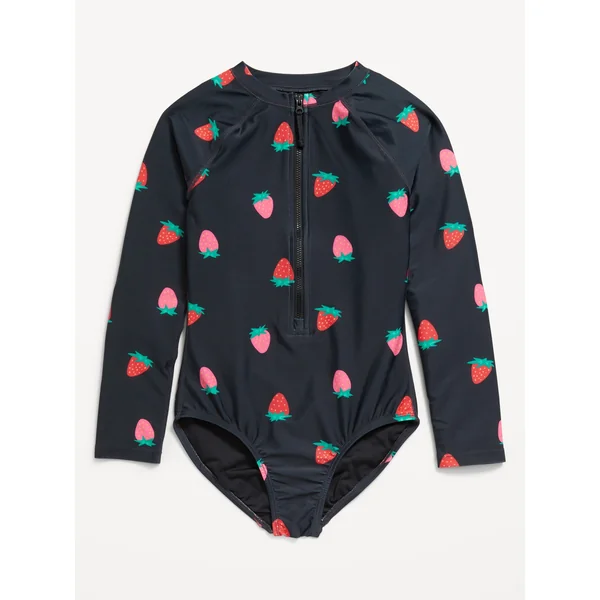 Printed Zip-Front Rashguard One-Piece Swimsuit for Girls - Strawberry