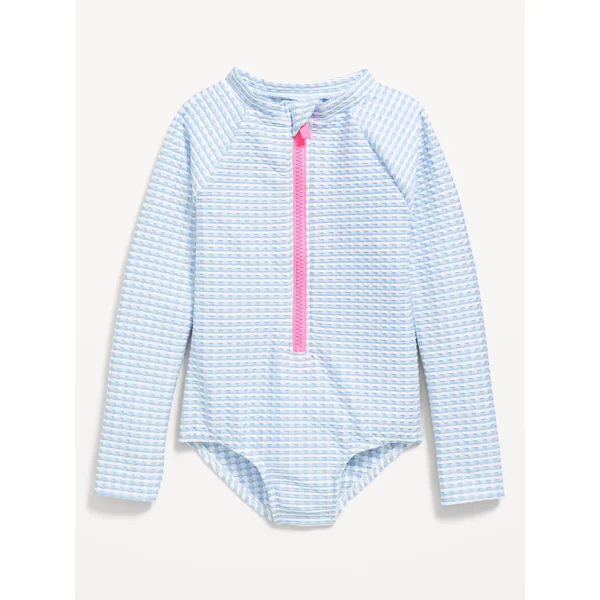 Printed Zip-Front Rashguard One-Piece Swimsuit for Toddler Girls - BLUE RETRO STRIPE