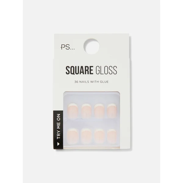 PS... Square French Tip Gloss Faux Nails - Nude