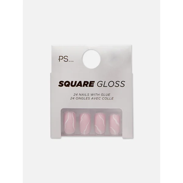 PS... Square Gloss Swirled Faux Nails - White