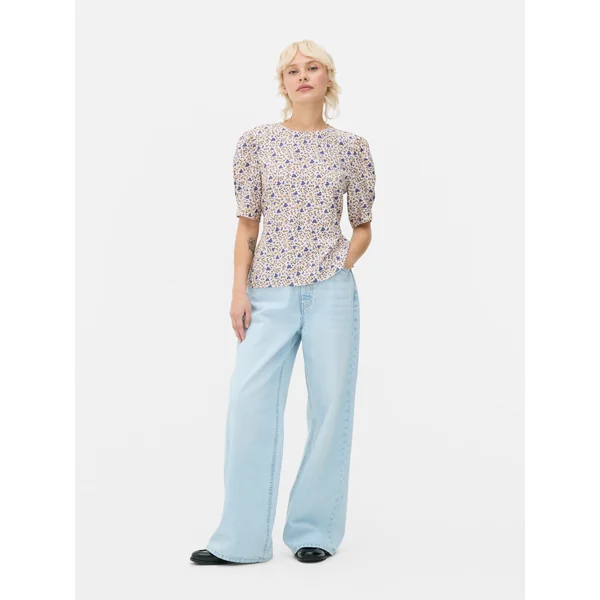 Puff Sleeve Tie-Back Top - Blue