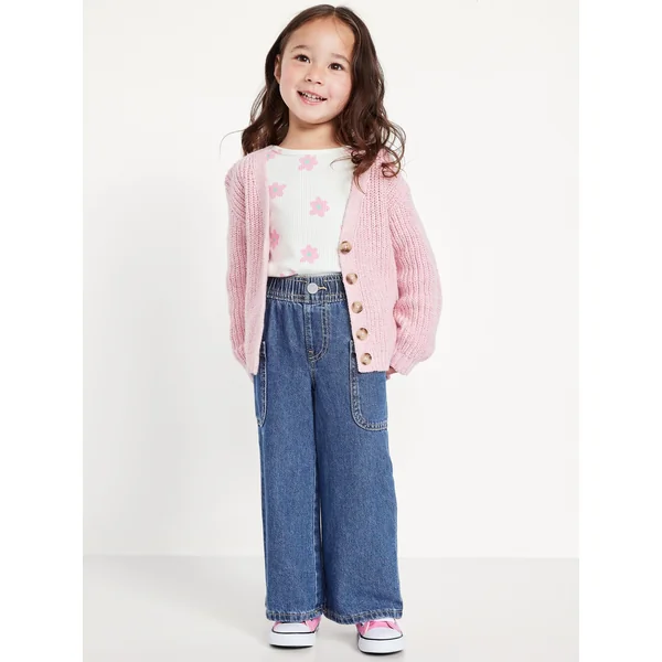 Pull-On Baggy Wide-Leg Cargo Jeans for Toddler Girls - Medium Wash