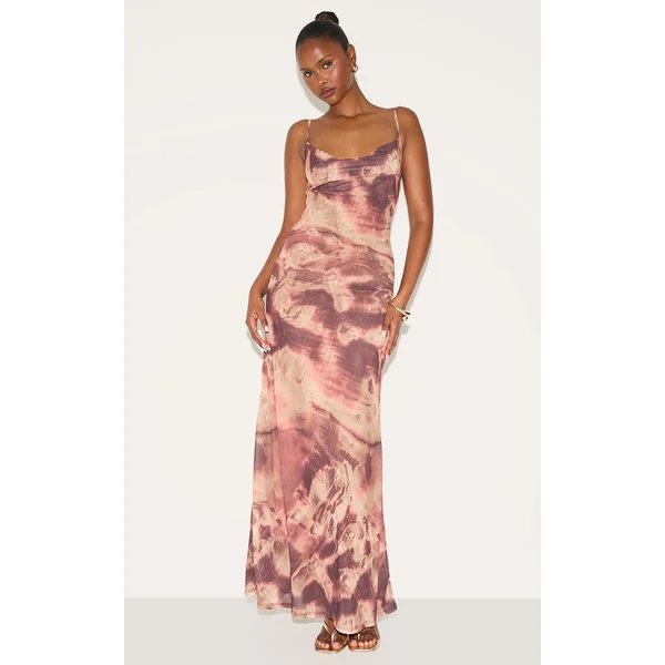 Purple Abstract Print Cowl Neck Maxi Dress