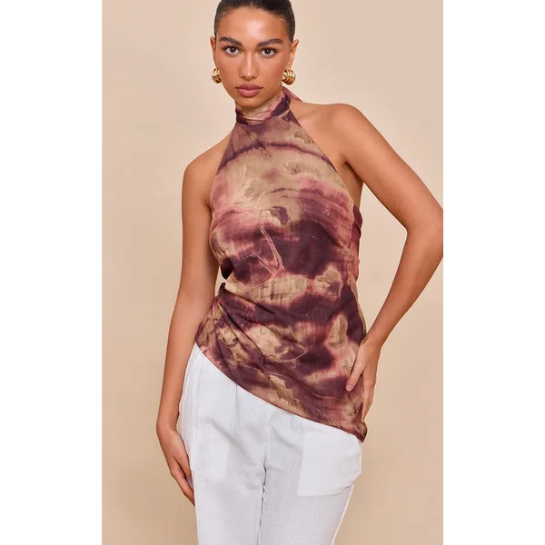 Purple Abstract Print High Neck Asymmetric Top