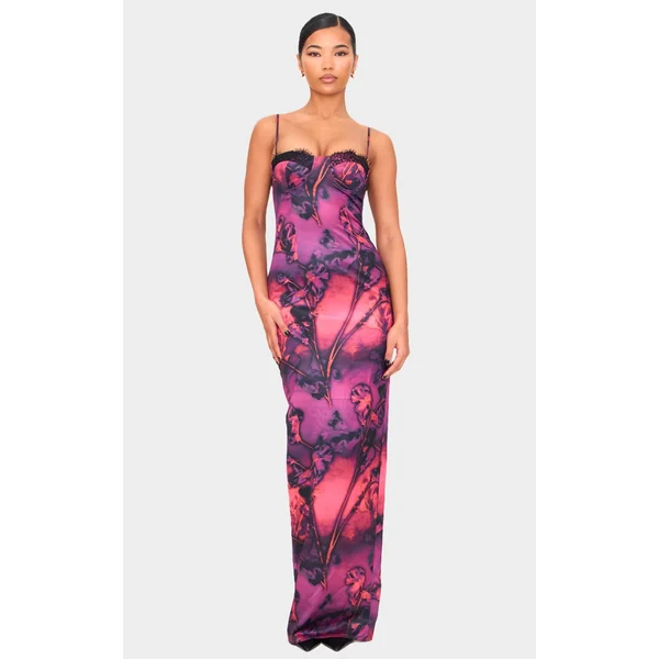Purple Abstract Satin Print Lace Trim Maxi Dress
