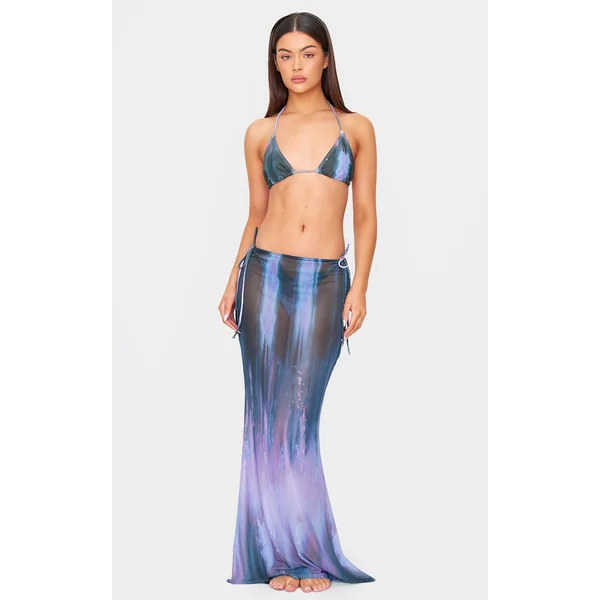 Purple Blur Print Mesh Bodycon Maxi Beach Skirt