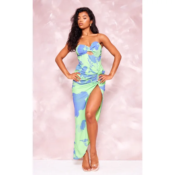Purple Floral Twist Split Bandeau Maxi Dress