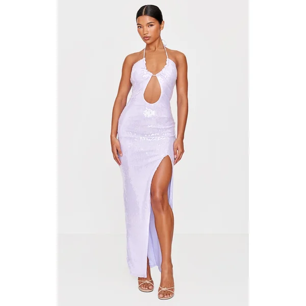 Purple Sequin Tie Neck Cut Out Maxi Dress