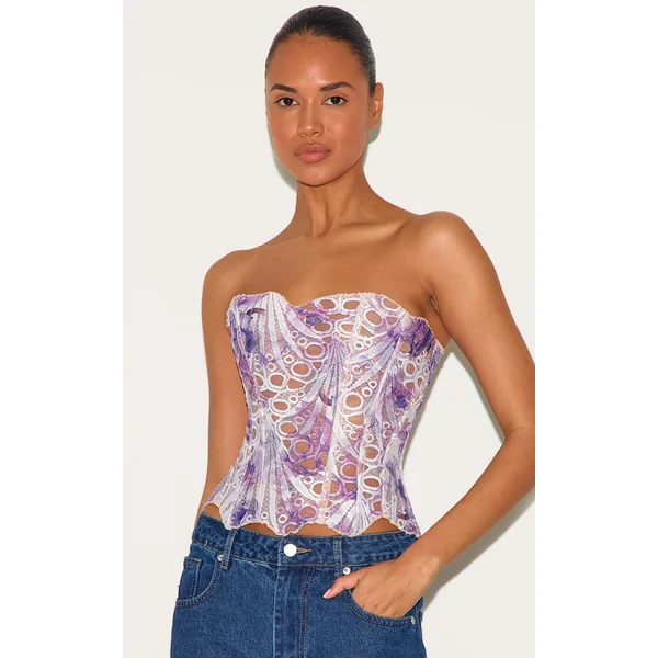 Purple Textured Sheer Floral Lace Corset