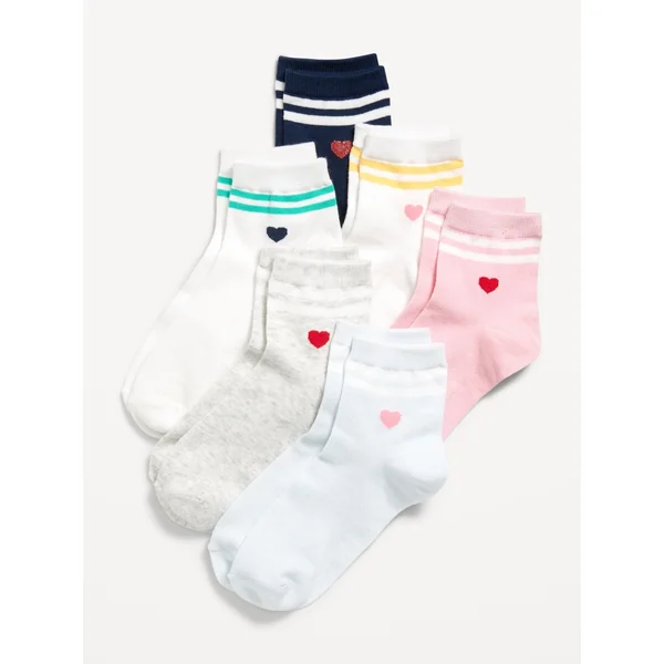 Quarter-Crew Socks 6-Pack for Girls - Heart Stripe