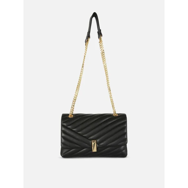 Quilted Chain Strap Flap Over Bag - Black