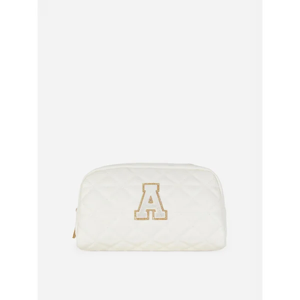 Quilted Faux Leather Initial Makeup Bag - White