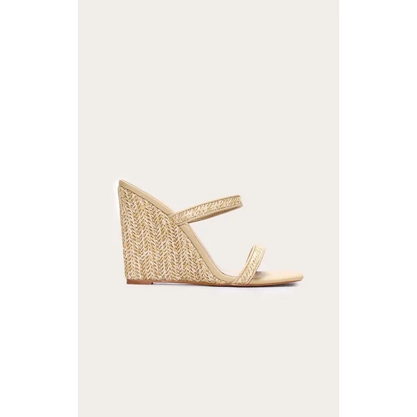 Raffia Square Toe High Heeled Mule Wedges