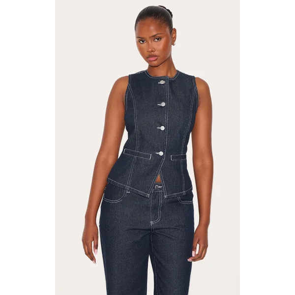 Raw Indigo Round Neck Longline Denim Vest