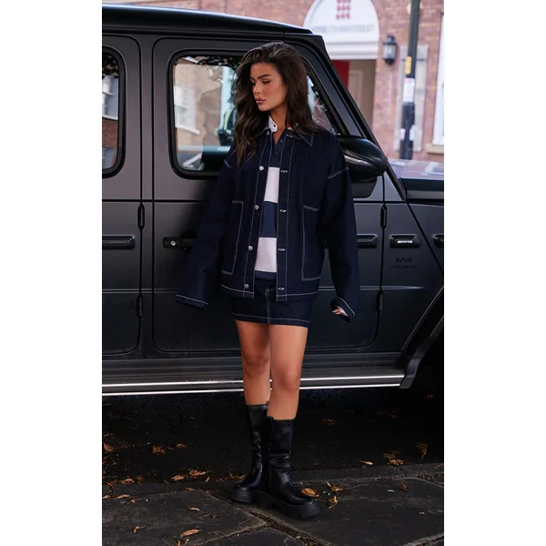 Raw Indigo Wash Contrast Stitch Denim Mini Skirt