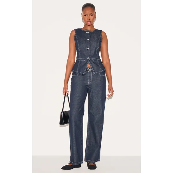 Raw Indigo Wash Mid Waist Straight Leg Jeans